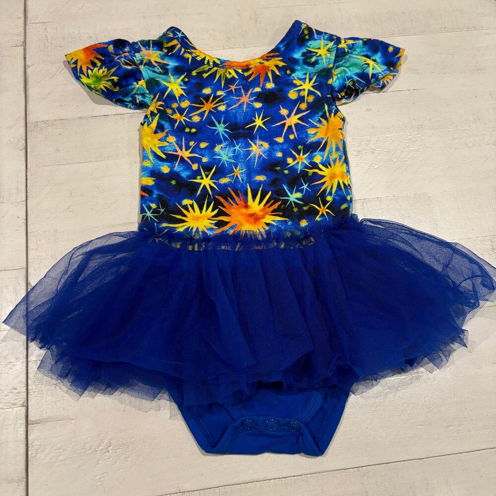 Musethreads Starry Night Blue and Yellow Bamboo Tulle Skirted Twirl 12-18mo EUC